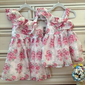 Janie and Jack Pink Rose Ruffle Party Special Matching Dress 12-18 Months and 4T
